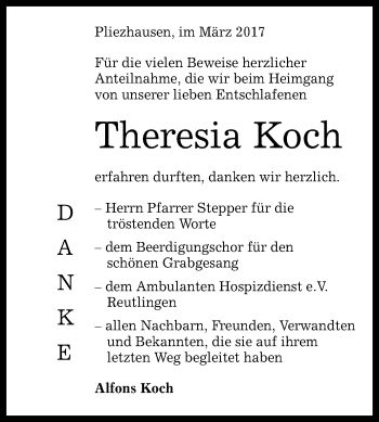 Anzeige von Theresia Koch von Reutlinger General-Anzeiger