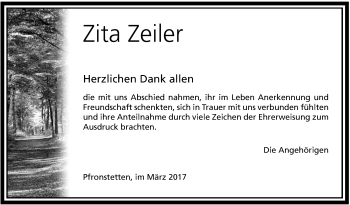 Anzeige von Zita Zeiler von Reutlinger General-Anzeiger