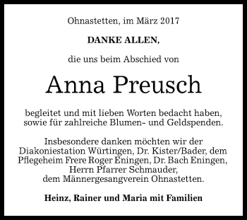 Anzeige von Anna Preusch von Reutlinger General-Anzeiger