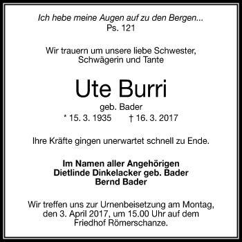 Anzeige von Ute Burri von Reutlinger General-Anzeiger
