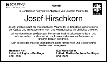 Anzeige von Josef Hirschkorn von Reutlinger General-Anzeiger