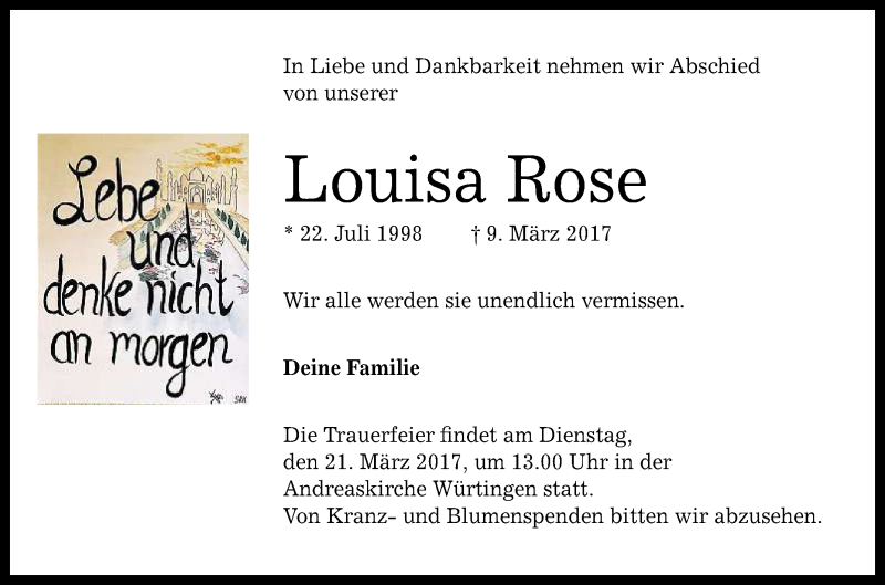  Traueranzeige für Louisa Rose vom 18.03.2017 aus Reutlinger General-Anzeiger
