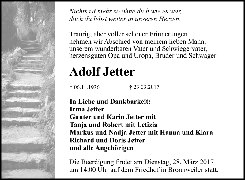  Traueranzeige für Adolf Jetter vom 25.03.2017 aus Reutlinger General-Anzeiger