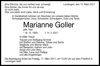 Anzeige von Marianne Goller von Reutlinger General-Anzeiger