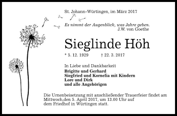 Anzeige von Sieglinde Höh von Reutlinger General-Anzeiger