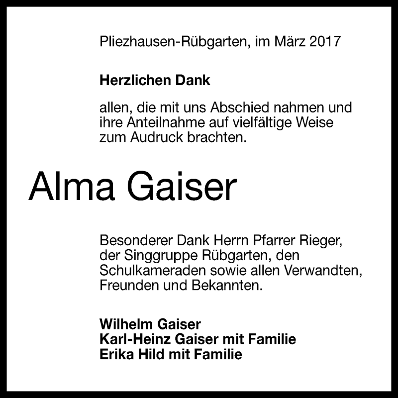  Traueranzeige für Alma Gaiser vom 29.03.2017 aus Reutlinger General-Anzeiger