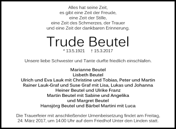 Anzeige von Trude Beutel von Reutlinger General-Anzeiger