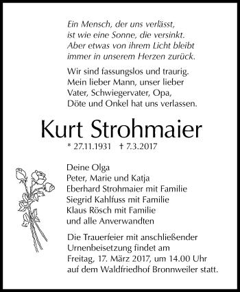 Anzeige von Kurt Strohmaier von Reutlinger General-Anzeiger