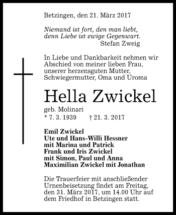 Anzeige von Hella Zwickel von Reutlinger General-Anzeiger