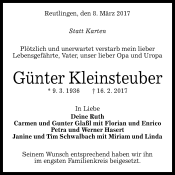 Anzeige von Günter Kleinsteuber von Reutlinger General-Anzeiger