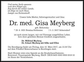 Anzeige von Gisa Meyberg von Reutlinger General-Anzeiger