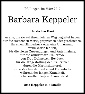 Anzeige von Barbara Keppeler von Reutlinger General-Anzeiger