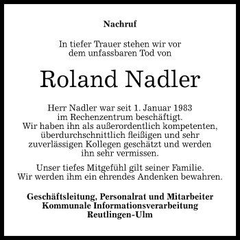 Anzeige von Roland Nadler von Reutlinger General-Anzeiger