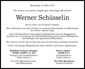 Anzeige von Werner Schüsselin von Reutlinger General-Anzeiger