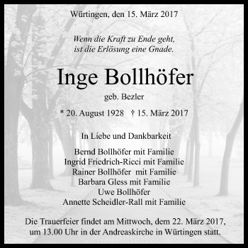 Anzeige von Inge Bollhöfer von Reutlinger General-Anzeiger