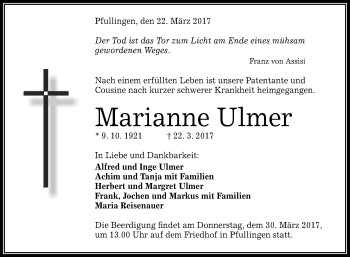 Anzeige von Marianne Ulmer von Reutlinger General-Anzeiger