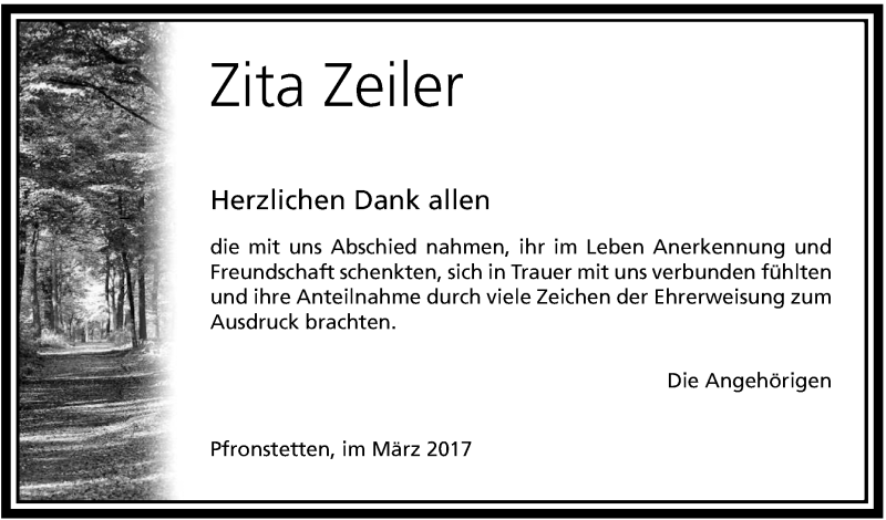  Traueranzeige für Zita Zeiler vom 07.03.2017 aus Reutlinger General-Anzeiger