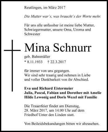 Anzeige von Mina Schnurr von Reutlinger General-Anzeiger