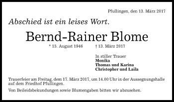 Anzeige von Bernd-Rainer Blome von Reutlinger General-Anzeiger