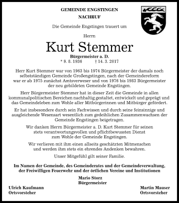 Anzeige von Kurt Stemmer von Reutlinger General-Anzeiger
