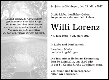 Anzeige von Willi Lorenz von Reutlinger General-Anzeiger