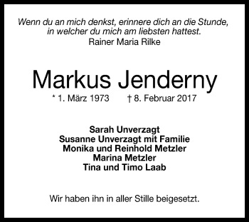 Anzeige von Markus Jenderny von Reutlinger General-Anzeiger