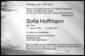 Anzeige von Sofia Hoffmann von Reutlinger General-Anzeiger