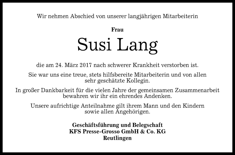  Traueranzeige für Susi Lang vom 29.03.2017 aus Reutlinger General-Anzeiger