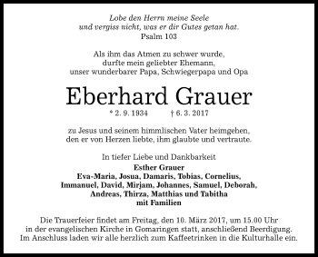 Anzeige von Eberhard Grauer von Reutlinger General-Anzeiger