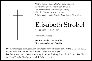 Anzeige von Elisabeth Strobel von Reutlinger General-Anzeiger