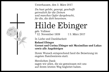 Anzeige von Hilde Ebinger von Reutlinger General-Anzeiger