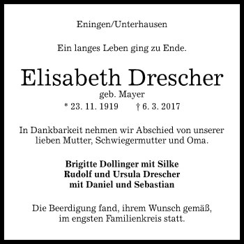 Anzeige von Elisabeth Drescher von Reutlinger General-Anzeiger