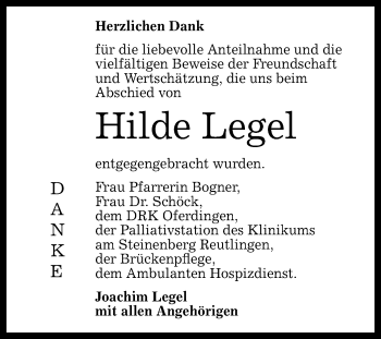 Anzeige von Hilde Legel von Reutlinger General-Anzeiger