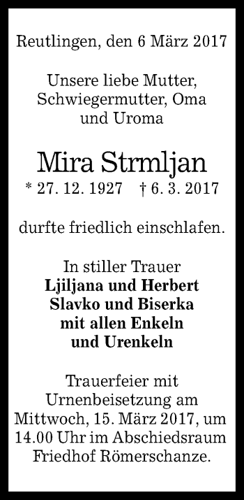 Anzeige von Mira Strmljan von Reutlinger General-Anzeiger