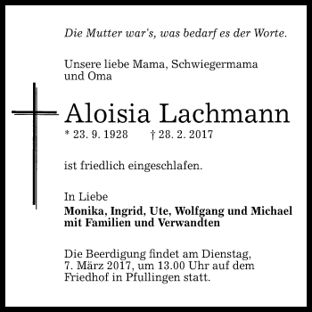 Anzeige von Aloisia Lachmann von Reutlinger General-Anzeiger