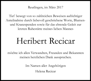 Anzeige von Heribert Recicar von Reutlinger General-Anzeiger