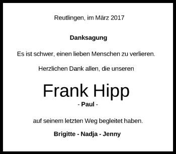 Anzeige von Frank Hipp von Reutlinger General-Anzeiger