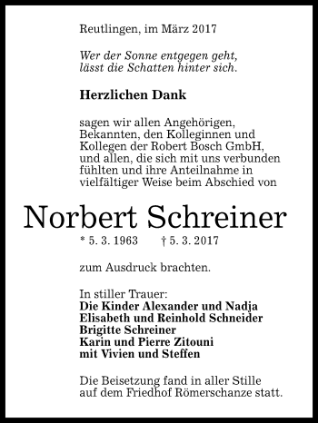 Anzeige von Norbert Schreiner von Reutlinger General-Anzeiger