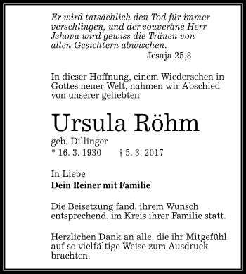 Anzeige von Ursula Röhm von Reutlinger General-Anzeiger