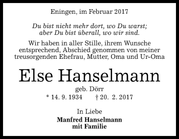 Anzeige von Else Hanselmann von Reutlinger General-Anzeiger