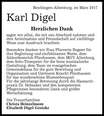 Anzeige von Karl Digel von Reutlinger General-Anzeiger