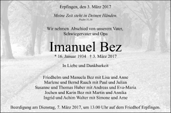 Anzeige von Imanuel Bez von Reutlinger General-Anzeiger