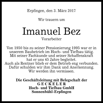 Anzeige von Imanuel Bez von Reutlinger General-Anzeiger