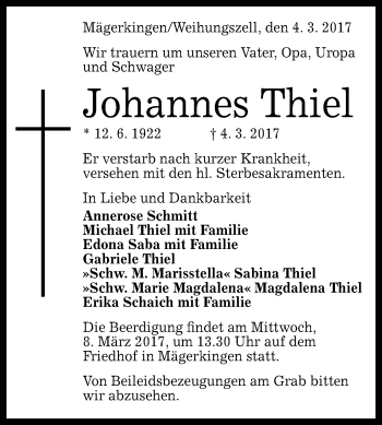 Anzeige von Johannes Thiel von Reutlinger General-Anzeiger