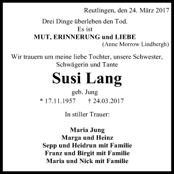 Anzeige von Susi Lang von Reutlinger General-Anzeiger