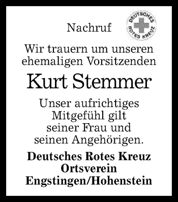 Anzeige von Kurt Stemmer von Reutlinger General-Anzeiger