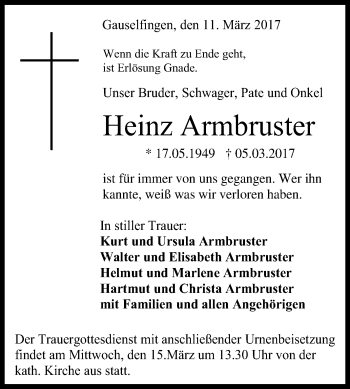 Anzeige von Heinz Armbruster von Reutlinger General-Anzeiger