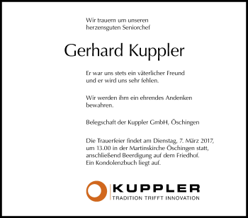 Anzeige von Gerhard Kuppler von Reutlinger General-Anzeiger