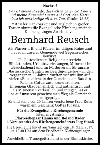 Anzeige von Bernhard Reusch von Reutlinger General-Anzeiger