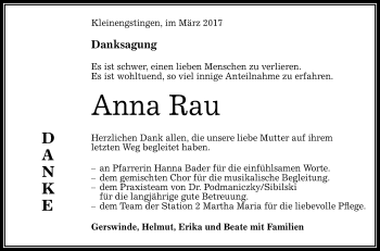 Anzeige von Anna Rau von Reutlinger General-Anzeiger